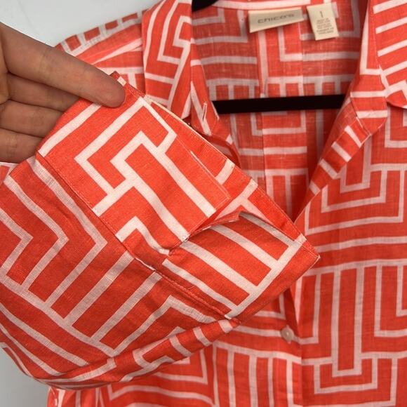 Chico's Vibrant Orange and White Patterned Button Down - Picture 2 of 8